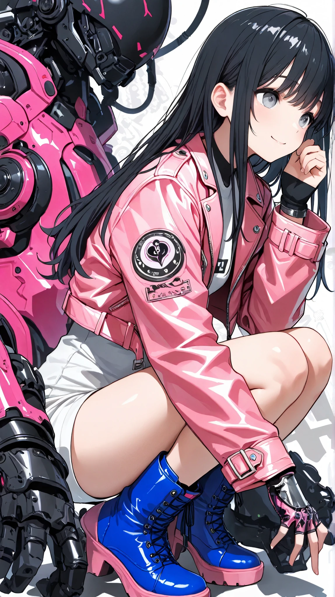 1girl, , smalte, slender body, very long black hair, grey eyes, streetwear outfit (oversized pink leather jacket, blue boots), crouching, gauntlet in one hand, techy background, absurdres, happy expression,