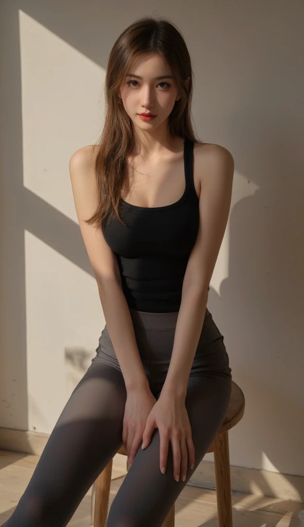 raw photo, (Veronica Zemanova), black T-shirt, black mini skirt, in a summer cafe, sunny day, coast, sunlight passing through hair, looking at the camera, masterpiece, best quality