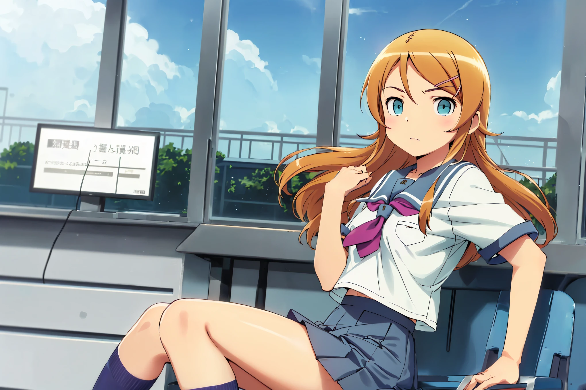 aakirino, long hair, hairclip, school uniform, grey sailor collar, purple neckerchief, white shirt, short sleeves, pleated skirt, grey skirt