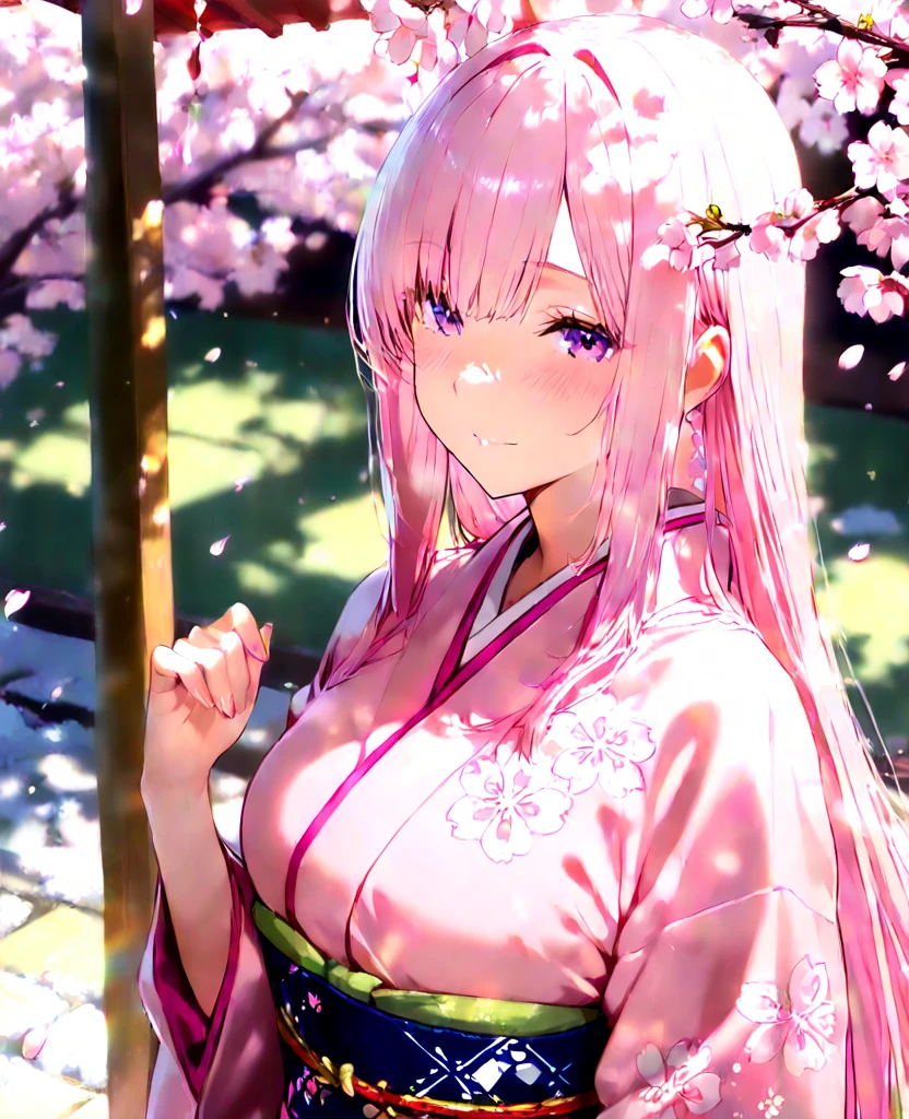 ((TOP QUALITY)), (( masterpiece)), ( exhaustive), TOP QUALITY、exhaustive、 one woman、pink long straight hair、cherry blossoms、ピンク色のcherry blossoms、pink kimono、Snow all around、