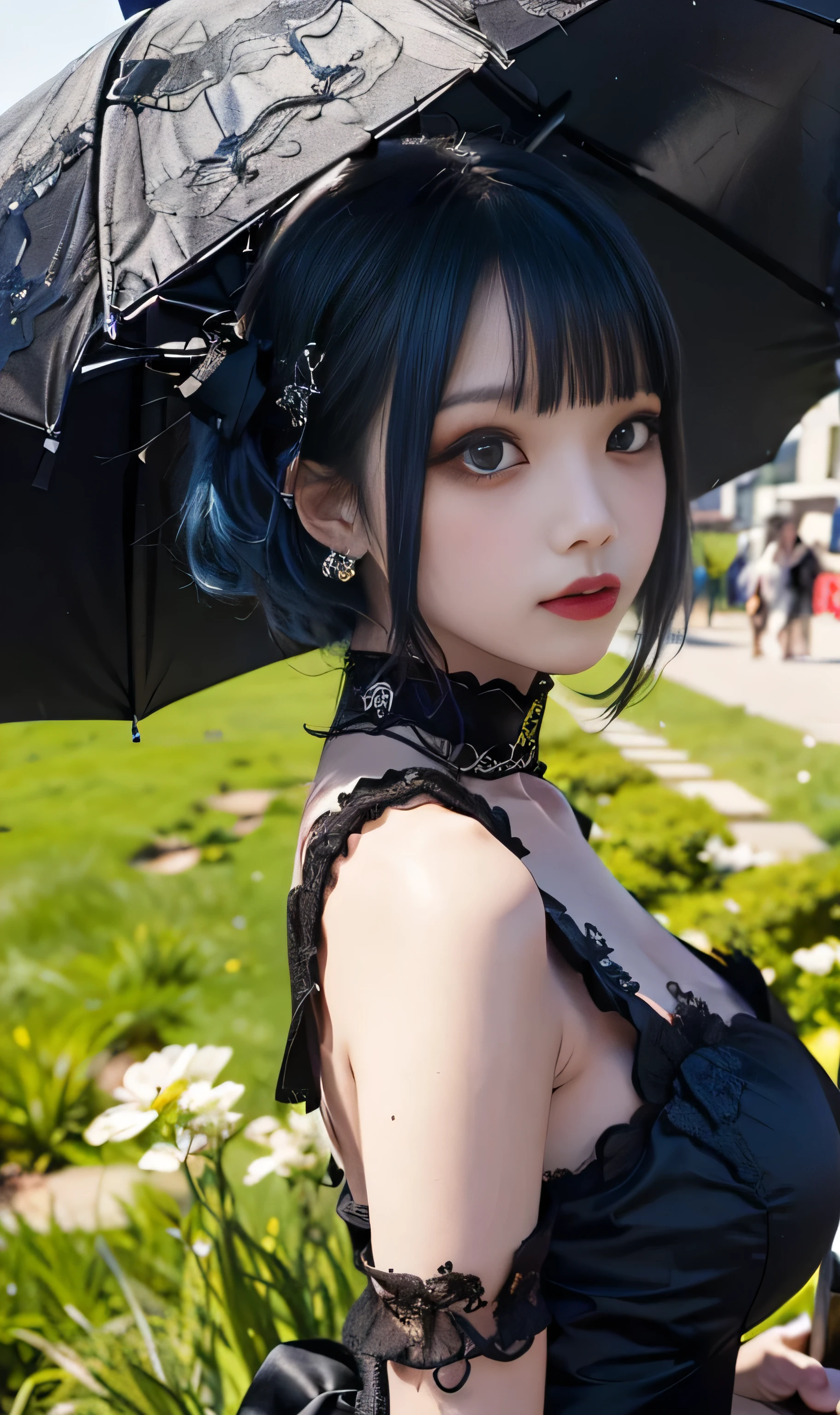 Top quality work with every detail、16K ultra-high resolution stills、 Super High Definition、Asian women as beautiful as goddesses((big breasts:1.5 long lashes、 gothic makeup 、 dark makeup、Blue Lip))Earrings、cute little face、(( short hair、 blue hair、bangs、))
((I took a picture with a simple grass、blue sky is spreading out))(Pagoda Umbrella 、girl in a cute gothic dress、 shot from head to thigh )(Please take a look at her from a direct angle