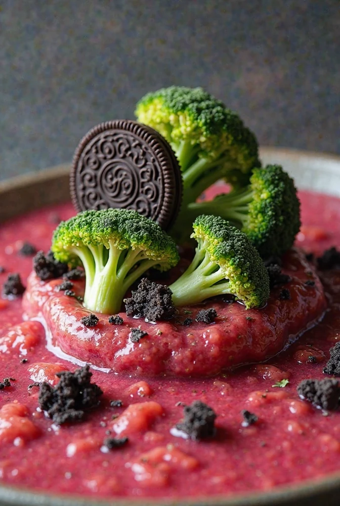 Broccoli and oreo pasta with sauce made with jam