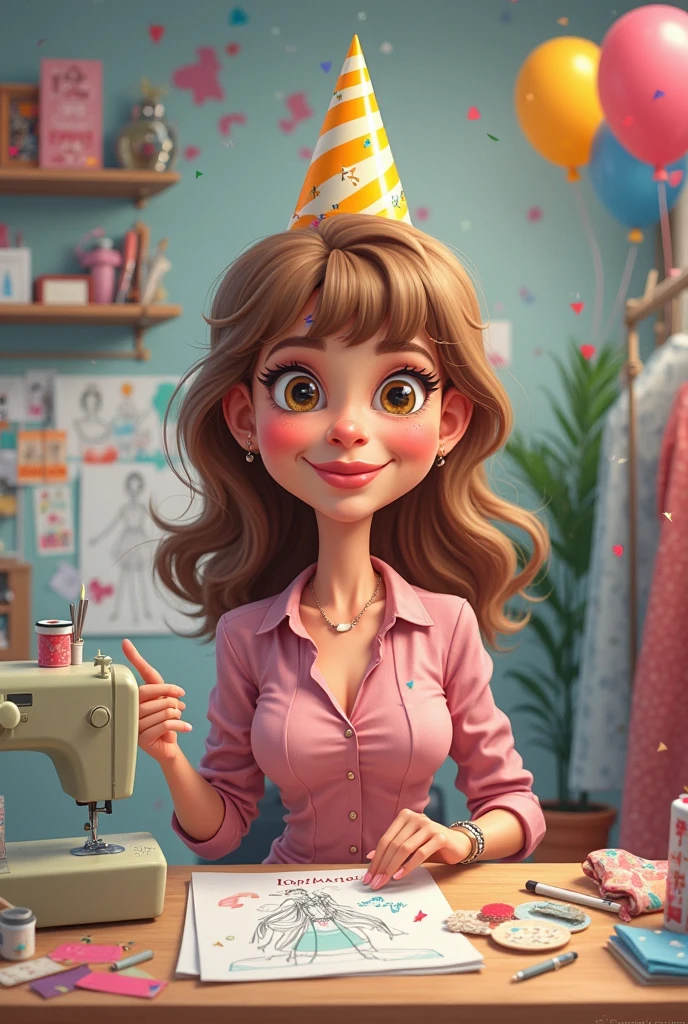 Cartoon guy with cinnamon skin, straight hair, dark brown eyes, sitting at a sewing machine with a happy birthday balloon decoration in the background 