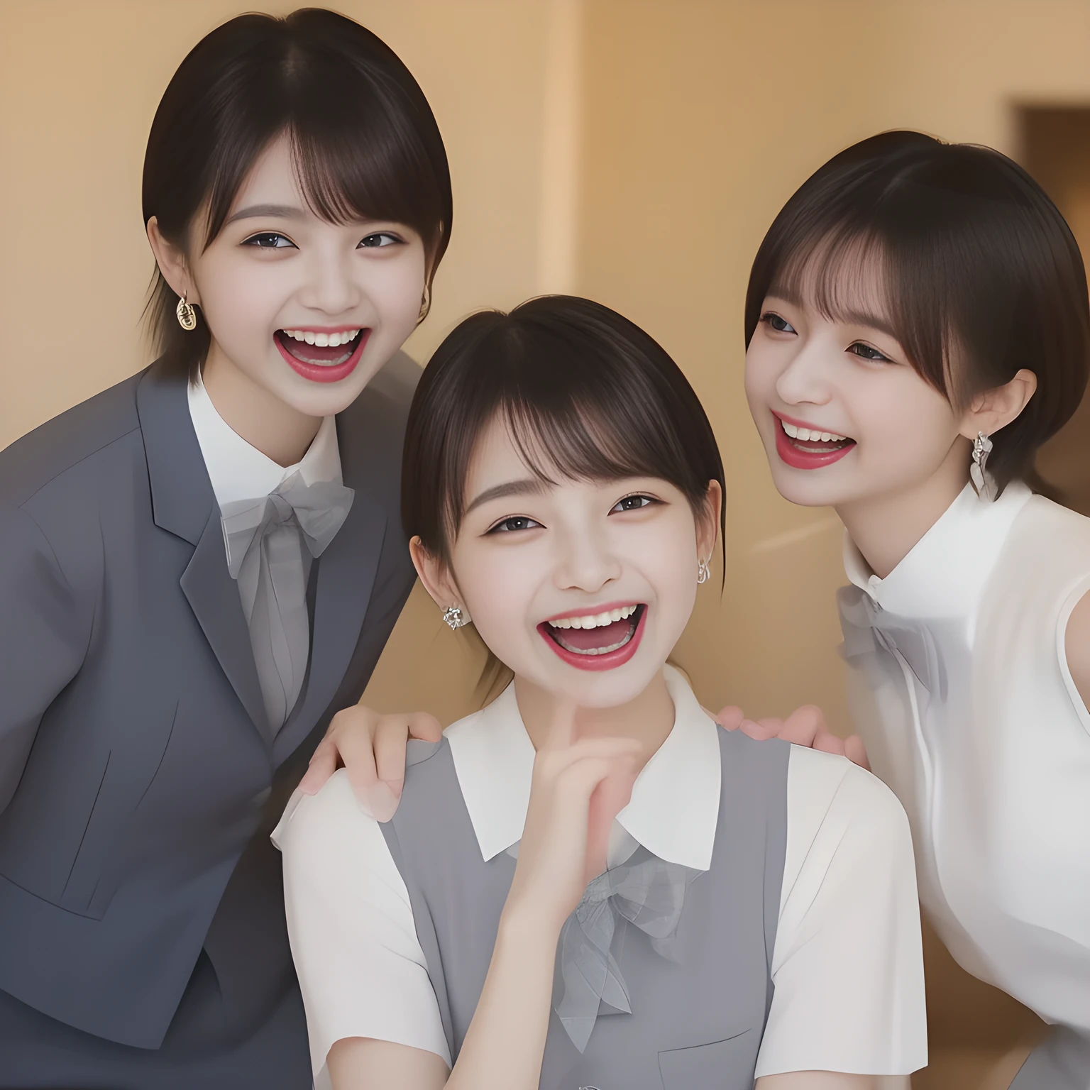 (highest quality, masterpiece, high resolution:1.2), 4K, (Photo quality clearly detailed foreground: 1.5), geometry, (Three neat & clean girls are bursting into laughter. (Small well-groomed face with feminine intelligence). Some of Cute noble girly Japanese photo model are seated and looking at the thing in front of them with their cute beautiful eyes like laughing fashion model: 1.3), (Using expensive face-whitening cosmetics to make her skin more beautiful and pure by professional makeup artist: 1.5), (Face and eyes are especially detailed beautifully: 1.5), Laughing cutely, ((Light-Gray) Japanese school girly vest uniform with neat girly light-yellow school blouse, puffed shoulders: 1.2), (white socks and school loafers, kicking back: 0.7), (Dark blue glossy glossy school ribbon on the breast: 1.0), (Beautiful light-amber large clear open eyes with balanced and detailed cutely: 1.4), (double eyelids: 1.0), (highly curled bangs: 1.2), (Expressing the greatest joy with her whole body: 1.2), (Glossy lips: 1.0), (beautiful bobbed shining hair: 1.7), (cute earrings), (white and clear skin: 1.0), (Laughing cute princess's eyes looking at me: 0.8), (Very shy, cute, slender, pretty, pretty, too girly & Girlish: National Beautiful Girl Grand Prix winners: 2.0), (The girls knows well about the viewer's super fetishism for high-school uniforms, and satisfies it completely: 1.5), (High class cosmetics promotion to make everyone noble face, blessed by Venus and Aphrodite in a dark shrine under the school, falling down to the world of Aphrodite: 1.6), (they are laughing with widely open mouth as if watching a very cute and funny thing happening just in front of their beautiful eyes: 2), ((Their beautiful hands) holds an opened transparent splashing champagne bottle ((in front of their eyes)): 1.8)