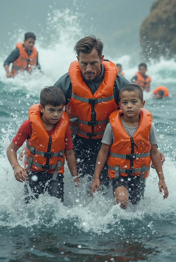 create an image of 8 year old John falling into the deep lake and his Bulldog looking scared