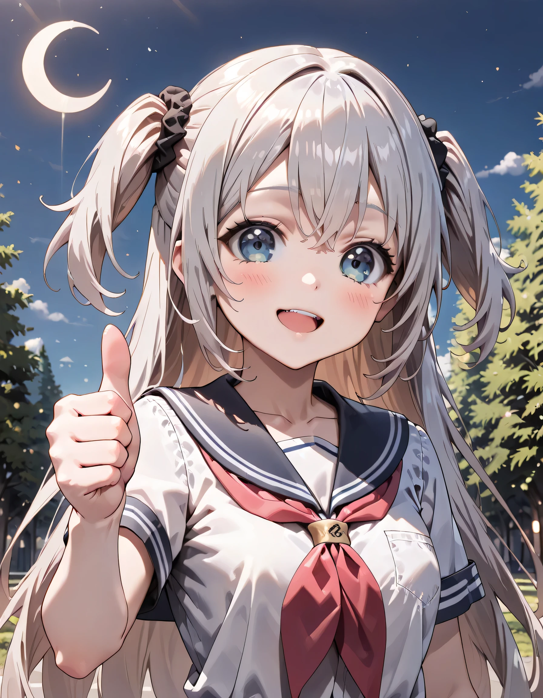 ((ultra-detailed)), (highly detailed CG illustration), (best quality:1.2), ultra-highly detailed, colorful composition, artistic photoshoot, 1girl, solo focus, ((upper body:1.4)), moe anime character, age girl, dainty facial structure, (baby face), (round face), ((rounded chin:1.2)), celia-default, celia claire, (blue eyes), ((silver hair color)), ((two side up hair)), ample breasts, school uniform, sailor suit, traditional Japanese style with navy blue and white colors, ((happy:1.5)), ((laughing:1.4)), ((blush)), ((looking viewer)), ((thumbs up:1.4)), holding one hand out in front, ((night:1.4)), ((standing in the park at night)), ((the Crescent moon shines beautifully)), from front, best quality, masterpiece, expecting, pink cheek, blush, light pink gloss slip, portrait, depth of field, soft lighting, sidelighting, (shine), lighting, caustics, ray tracing, smile, perfect face, lustrous skin, highly detailed face, highly detailed eyes, perfect face, perfect nose, perfect hair, perfect eyes, perfect anatomy, beautiful hair, beautiful small face, extremely detailed face, beautiful detailed eyes, beautiful clavicle, beautiful body, beautiful ample breasts, leavage, breasts squeezed together, equalize the size of the left and right breasts, beautiful thin thighs, beautiful legs, beautiful fingers, 4 fingers, 1 thumb, lovely, (very detailed background:1.0), (highly detailed background:1.0), spring aesthetic, intricate details, night atmosphere, moon night colors palette, chromatic aberration