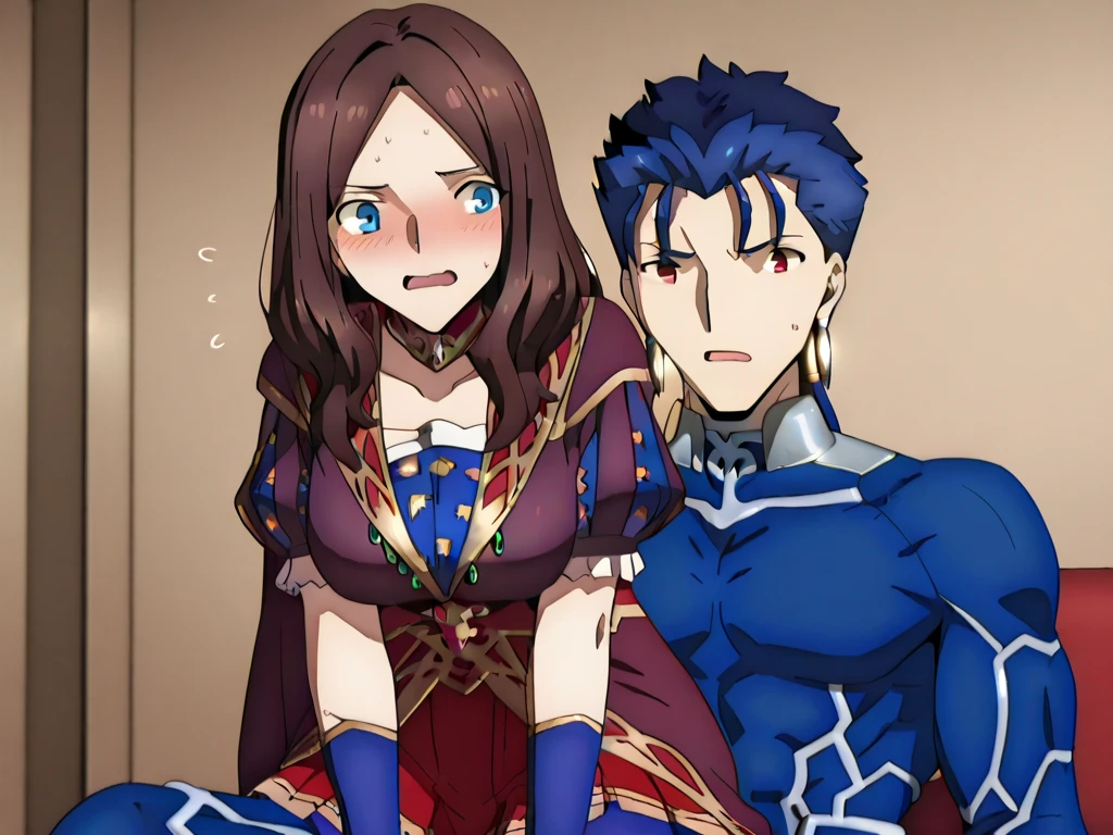 A very muscular man, with short red hair, blue eyes, shirtless and wearing blue cotton pants, crying, holding in his arms a dead woman with long brown hair and medieval clothing with a leather vest, with a green mini cape, in the location of a burning forest, at night, anime version