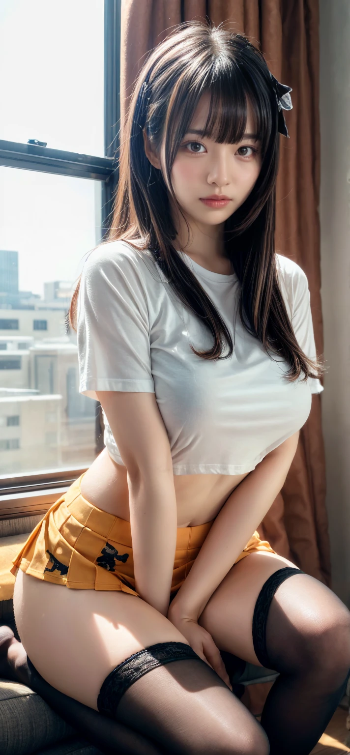 SeaArt Bot ,Upscaling 、RAW Photography、top-quality、masterpiece:1.2)、(realisitic、photoRealstic:1.37)、1girl in、Nepali、25-years old、femele、(deep in the night)、sunlights、a room、Daytime cityscape seen from the window、Studio Lighting、face lights、photon maping、Radio City、Purple hair、A detailed face、detailed lips、A detailed eye、More skin、二重まぶた、(Huge round:1.3)、((Exposure))、(T-shirt and joggers、Nepal)、(T-shirt)、(Wearing a T-shirt and joggers)、((no brassiere)))、Exposed cleavage、exposed shoulder、Thigh exposure、(camel's toe)、perfectbody、shinny skin、(Body wet with sweat:1.2)、smirking face、((sitting on))、Make eye contact with the camera、Lens blur for background camera、depth of fields、35 m、ultra-detailliert、ultra-quality、flawless、Anime tattoo on right hand、((Vintage style photography 1:1)),((NSFW 1:0),HDR