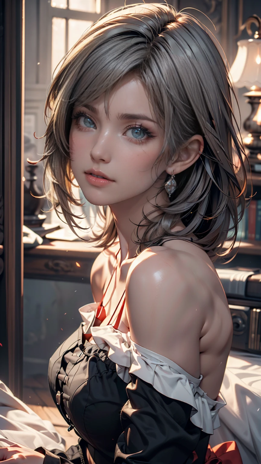 (Highest quality, 8k, 32K, masterpiece, Ultra-high resolution:1.2),Beautiful Japanese Women Photos, Large Breasts, Very short bob hair,Upper Body,(Extra Large_sweater,:1.1) necklace, Simple Background, Look around、Sexy proportions、Erotic female body