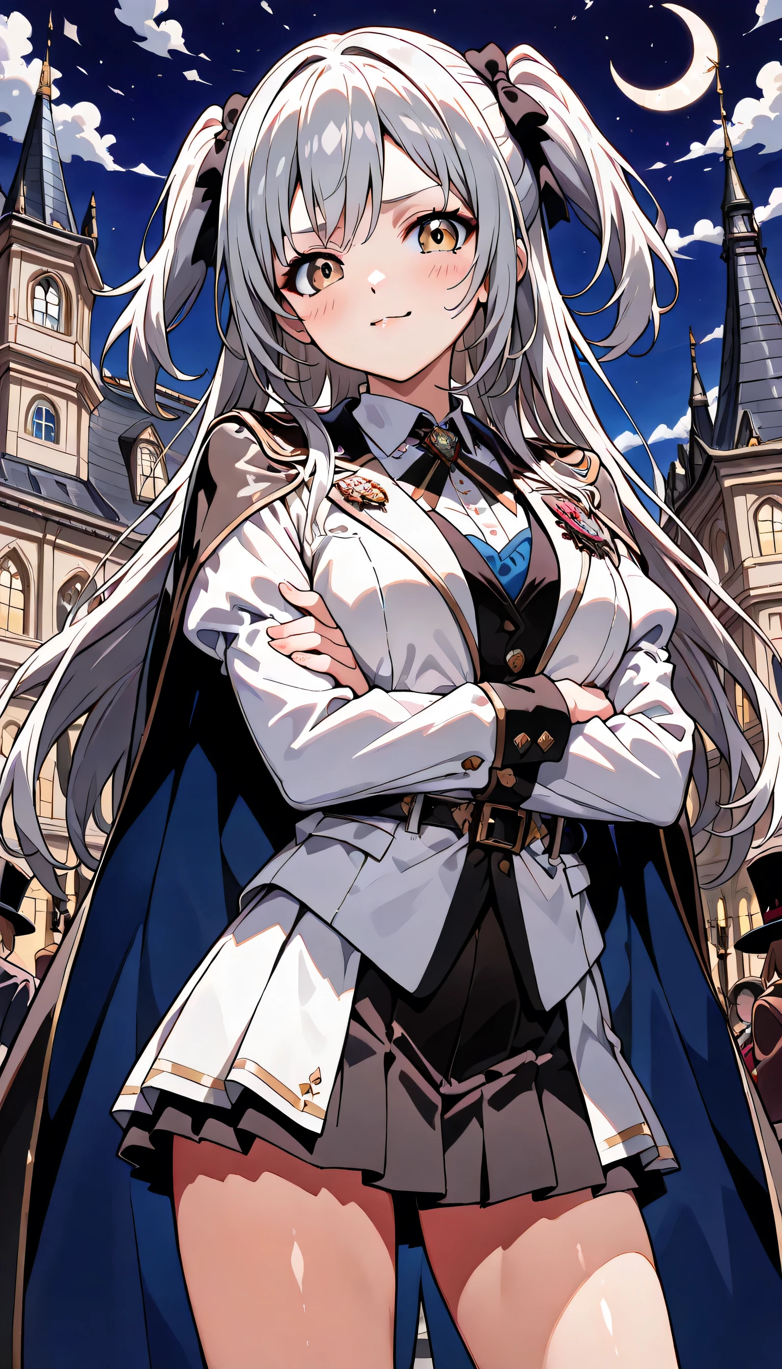 ((ultra-detailed)), (highly detailed CG illustration), (best quality:1.2), ultra-highly detailed, colorful composition, artistic photoshoot, 1girl, solo focus, ((thigh to top:1.4)), ((cowboy shot:1.4)), moe anime character,  girl, dainty facial structure, (bab(round face), ((rounded chin:1.2)), celia-default, celia claire, (blue eyes), ((silver hair color)), ((two side up hair)), ample breasts, ((Women dressed as a cross)), ((black tuxedo)), ((white blouse)), ((has a golden medal on neck:1.4)), ((Black cloak with red lining)), ((black top hat)), ((smug:1.5)), ((blush)), ((looking viewer)), ((night:1.4)), ((standing in the castle terrace)), ((the Crescent moon shines beautifully)), from front, dynamic pose, contrapposto pose, best quality, masterpiece, expecting, pink cheek, blush, light pink gloss slip, portrait, depth of field, soft lighting, sidelighting, (shine), lighting, caustics, ray tracing, smile, perfect face, lustrous skin, highly detailed face, highly detailed eyes, perfect face, perfect nose, perfect hair, perfect eyes, perfect anatomy, beautiful hair, beautiful small face, extremely detailed face, beautiful detailed eyes, beautiful clavicle, beautiful body, beautiful ample breasts, leavage, breasts squeezed together, equalize the size of the left and right breasts, beautiful thin thighs, beautiful legs, beautiful fingers, 4 fingers, 1 thumb, lovely, (very detailed background:1.0), (highly detailed background:1.0), spring aesthetic, intricate details, night atmosphere, moon night colors palette, chromatic aberration