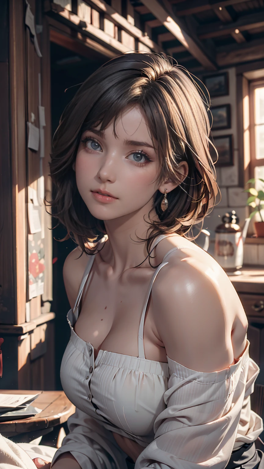 A woman young, short and sultian shots, skyn ebony, portraite, practical, greeneyes, short wavy reddish hair, ??????? big, 4k resolution, high quality CG, linda cg, smooth light,
