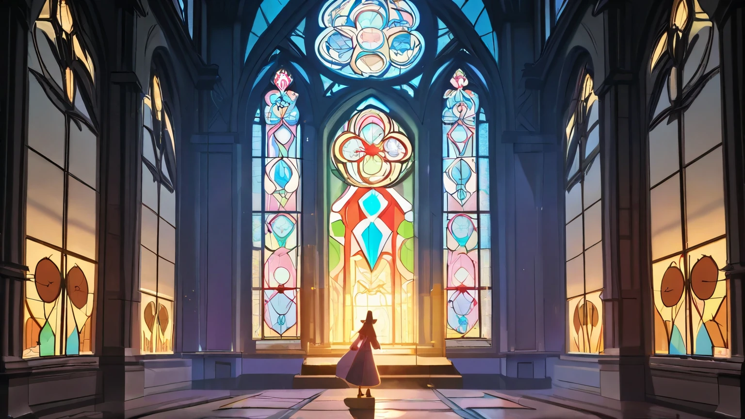Draw a fantastical picture of a healing building in a magical country, with stained glass windows, a triangular roof, warm light shining from the windows, a rainbow-colored fountain gushing out in the center of town, and a rabbit coming out of the house door on two legs.