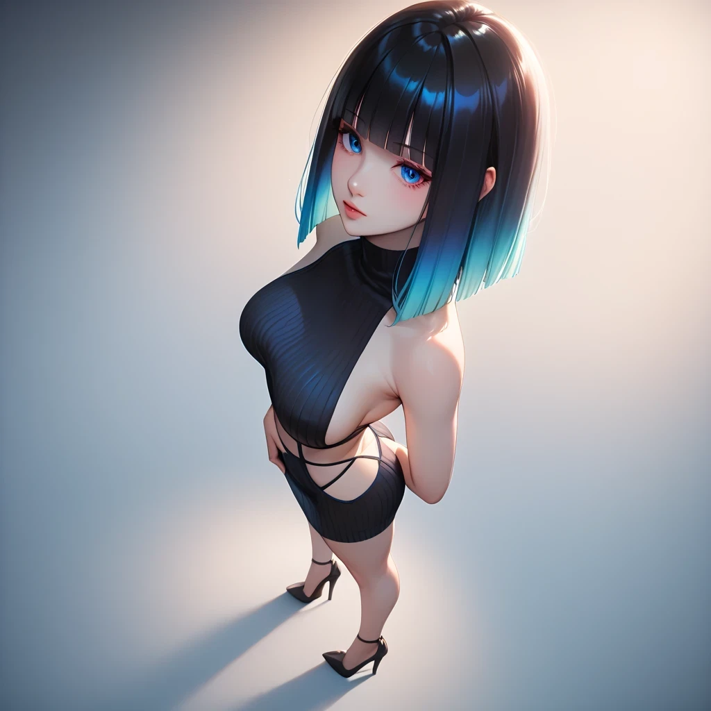 hand on own ass, ((pastel white black, hair, gradient hair ), best quality 、 Masterpiece、( professional lighting )、 surreal、( wearing high heels) ,(Nipples:0.65), Charming、 slender supermodel 、 one adult female , (full body, (Head-to-toe shot:1.4), full body shot, from front, from above), (slightly larger breasts, midriff peek ), (oily skin ), (Bright, beautiful blue eyes , ((hime cut, medium hair)), (black ribbed dress、 Emphasize your breasts、Wide open , revealing clothes))) , ( beautiful face squinting in bright light ),