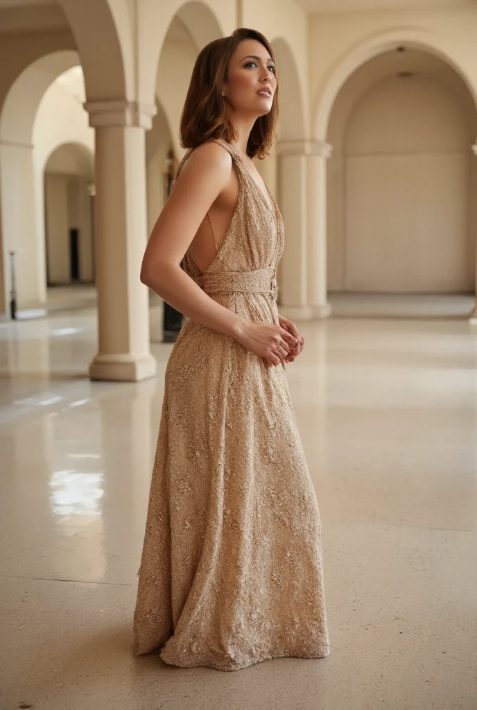 (masterpiece:1.2, best quality:1.2, extremely delicate:1.2), ((Alexandra Daddario:1.2)), a teenager girl with long deep red wavy hair, slender upturned eyebrows, sharp eyes, delicate features, ((a mix of Central Asian and European facial characteristics)), a hint of a smile at the corner of her mouth, exuding confidence, her figure is svelte, ((a fantasy-style long dress designed for both ease of movement and regal elegance, loose and comfortable trousers that match the outfit for ease of movement, red and white as the main color, complemented by yellow accents)), proudly standing with hands on hips, the scene is set in a majestic fantasy-style ancient city that melds Chinese and Japanese architectural influences, this character embodies a finely crafted fantasy-style female villain, exquisite photography, Photo realism, photorealistic, goddess, pale skin, perfect skin, textured skin, detailed skin, porcelain skin, dramatic, high definition, highres, ultra-detailed, ultra-fine painting, professional, perfect body proportions, golden ratio, anatomically correct, symmetrical face, perfect eyes, extremely detailed eyes and face, high quality eyes, creativity, RAW photo, UHD, 32k, Natural light, cinematic lighting, (masterpiece-anatomy-perfect:1.2)