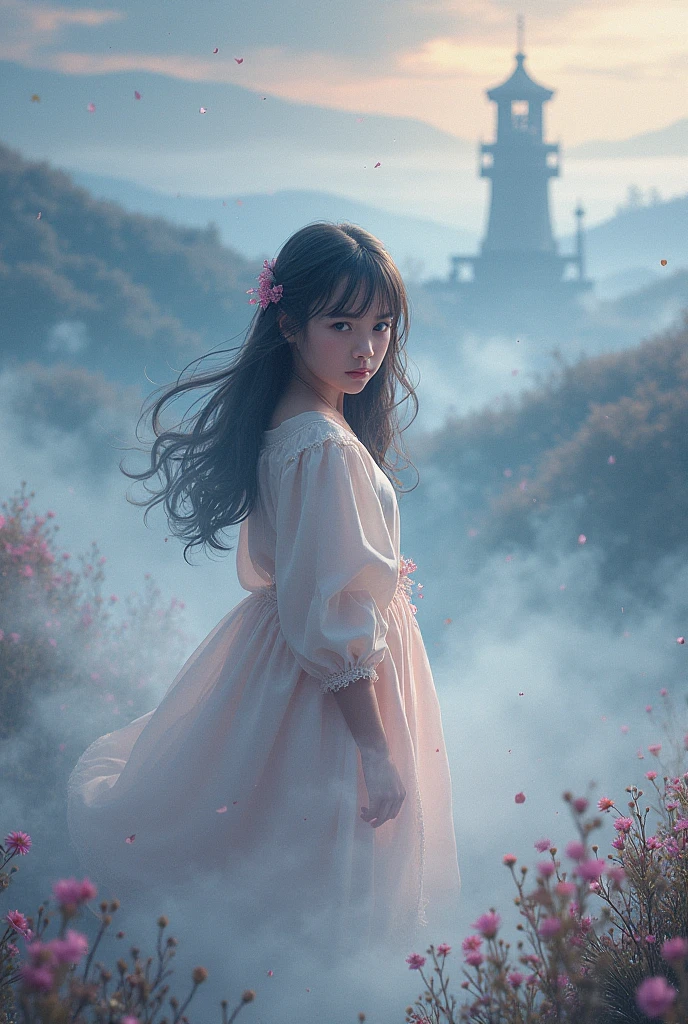 "Create a picture of a path lit by heavenly light, with angels flying around.