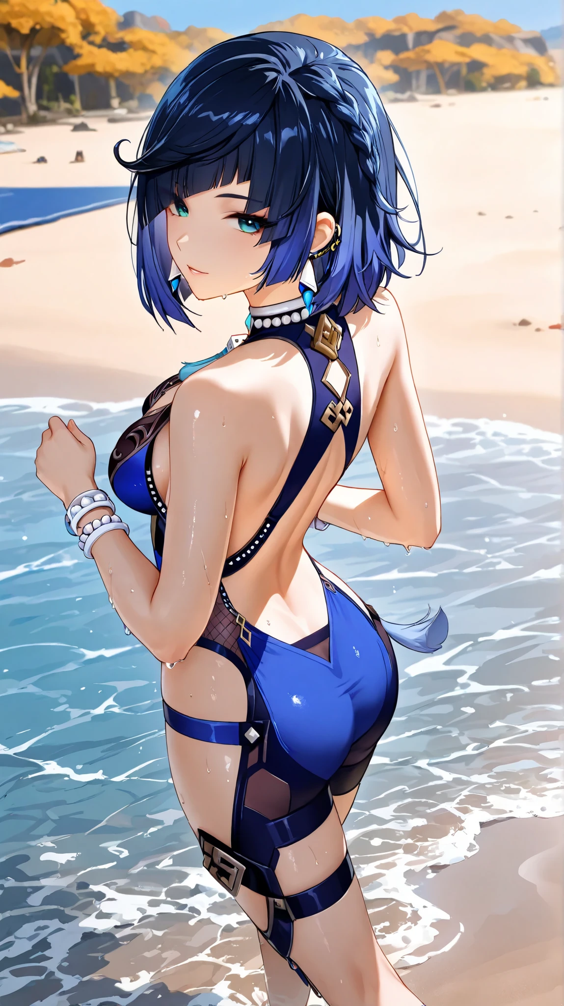 YelanV4, ((Yelan lying face down)), at beach, black lingerie, from behind, Looking back, (face detailed), blue colored eyes, (detailedeyes), symmetrical eyes, detalhes faciais, athletic back, voluptuous body, Waist slender, High definition, 8K, naked legs open up showing vagina smiling