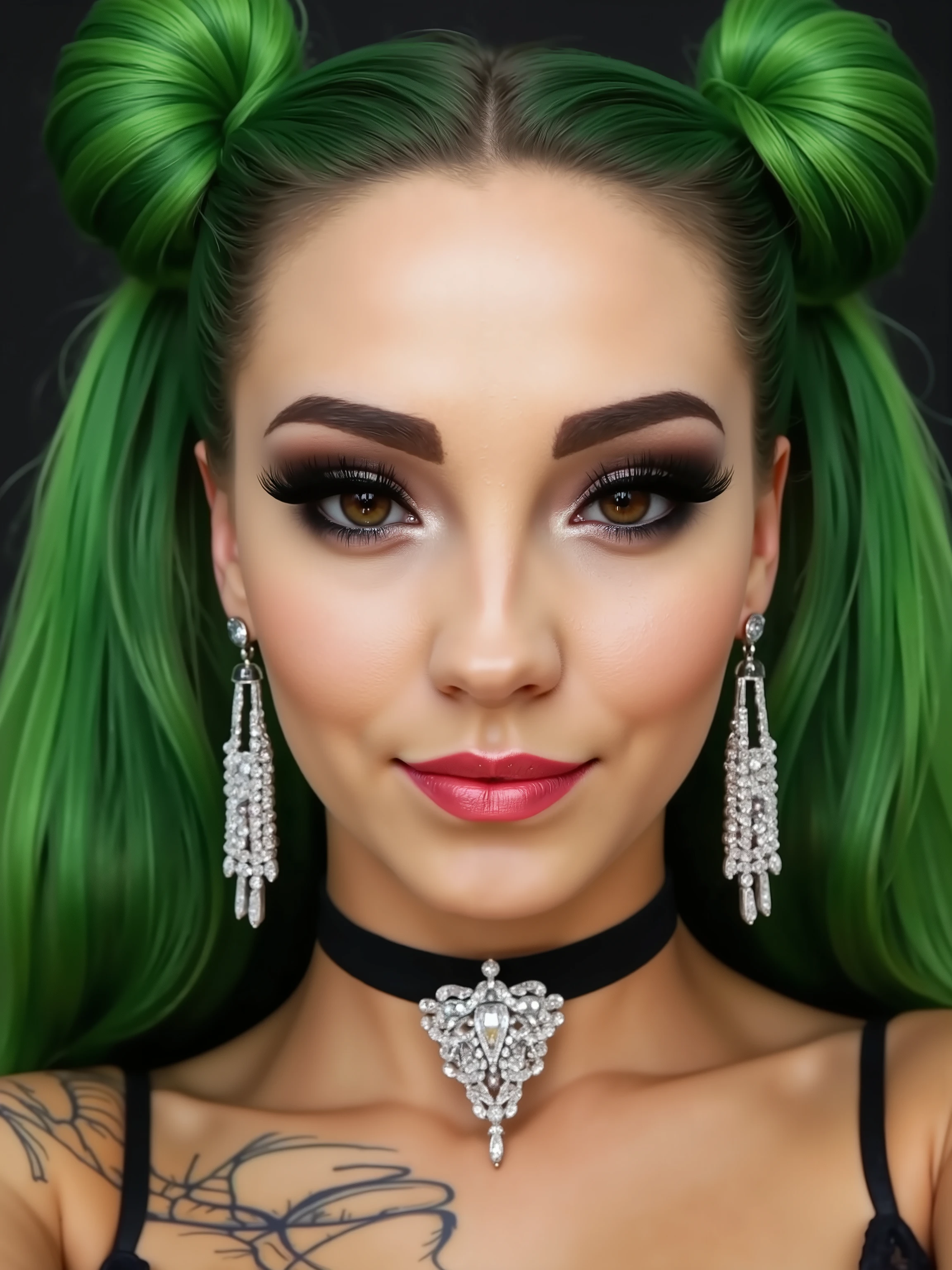 outrageously long and voluminous lash extensions. beautiful girl. long green hair. the hair is gathered in two buns. she smile, bright makeup, doll face, a diamond choker around her neck. long diamond earrings