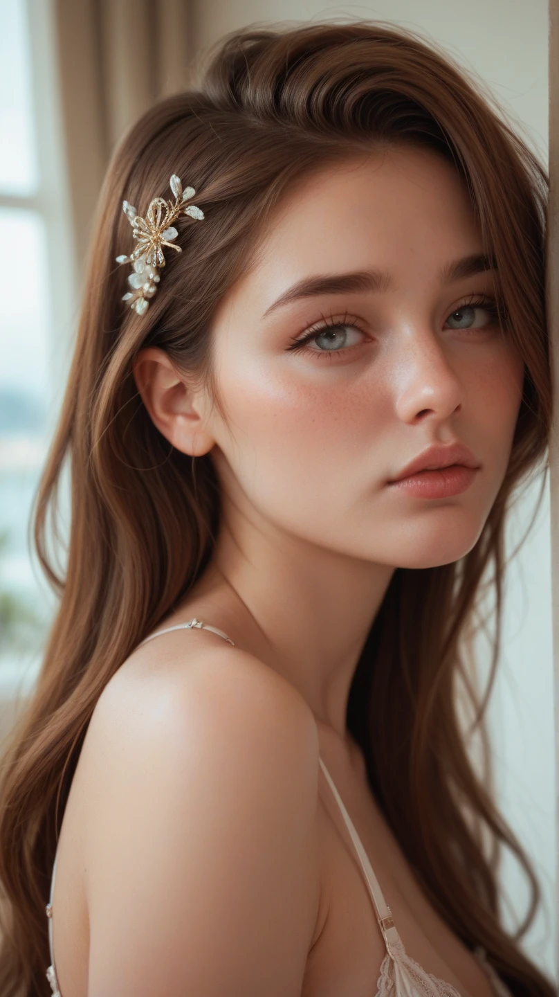 [ sony premium camera, 8k, full High resolution, cowboy shot, side shot, ultrarealistic photo, sexy face looks], a beautiful girl, (( in studio, she is Crounvhing and looking over shoulder, seductive expression in her eyes, looks sexy)), {location: in a modelling studio }, [having professional makeup, perfect shade lipstick], {hourglass body shape, professionsal light}, ((cute girl, with oval face and symmetrical face structure, big eyes, hazal eye color, almond shape eyes, straight and balanced nose, soft wavy (brown hair) ,heart-shaped lips, perfect eyebrows, perfect ears, light pale soft skin, pale white skin, pink natural lips, seductive expressions, vibrant light, ultra cute and sexy girl, 22 years old, cute face)), (beautiful stomach, black dd cup hot bra)