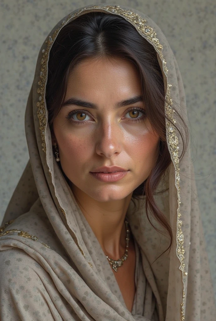 Half body shot of a beautiful Iranian woman, middle size breasts, slim body, thin face, intricate dress, scarf, natural lips, short brown hair with side cut, brown-grey eyes, realism, concept art, smooth, sharp focus, rule of thirds, Style-Psycho, nature background, natural light