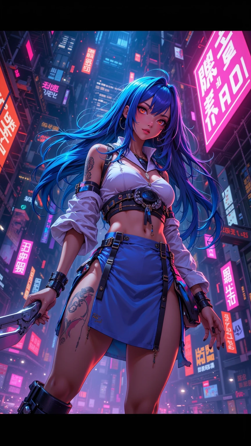 Jinx ,1girl , anime , masterpiece , blue hair braided , jaqueta aberta open clothes ,jinx , smug face , jacket, open clothes, bra , medium breasts ,pantie , long socks , looking at viewer , night city .