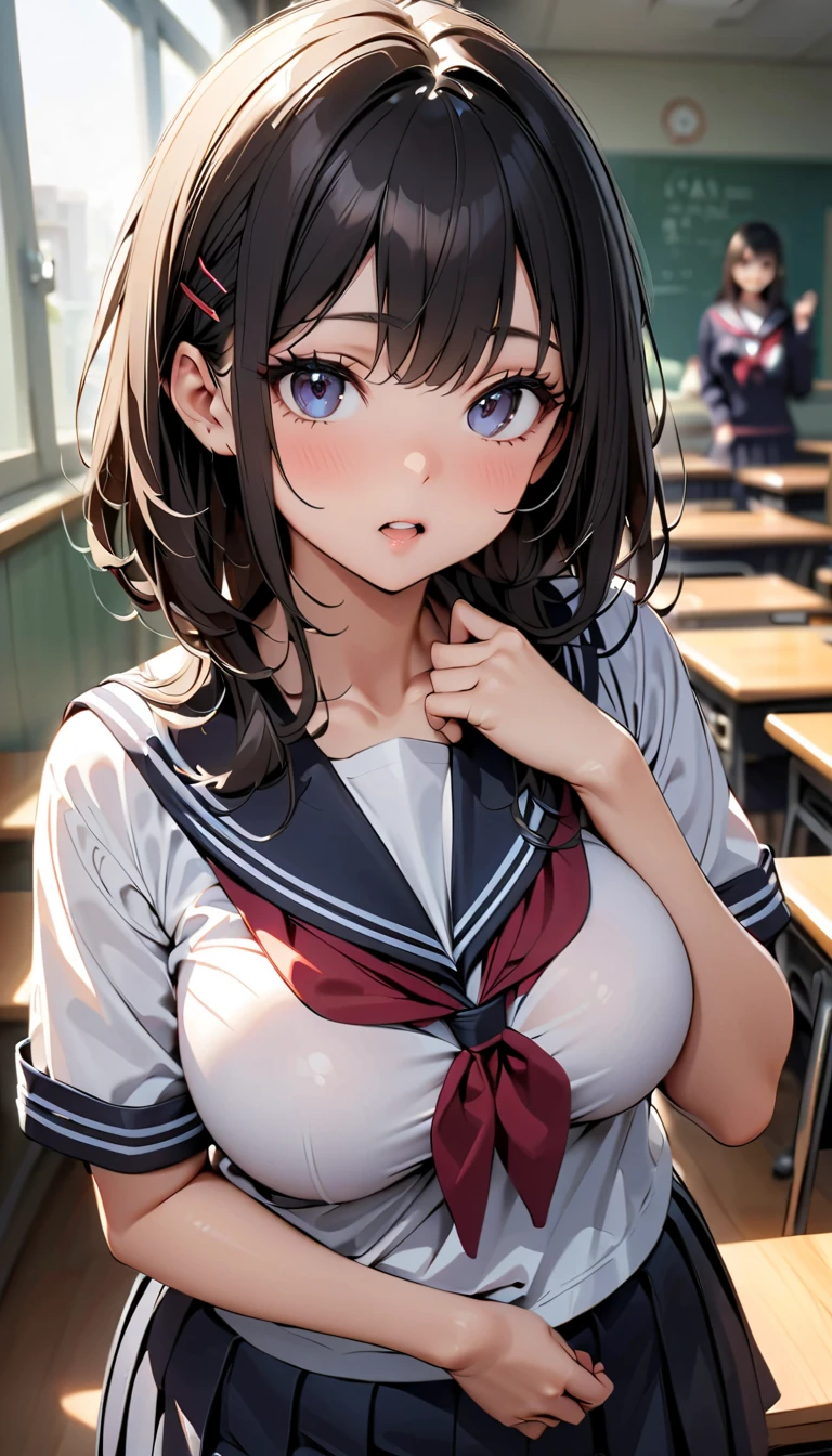 (((masterpiece, Highest quality, High resolution, 超High resolution, Pixel perfect, Written boundary depth, 4K, About RTTX10.0))), Beautiful Anime Women, Beautiful art style, Anime characters, ((Smooth texture, Realistic texture, Anime CG Style)), Exact finger count、Exact number of legs、(Exact number of arms:1.0, Exact number of hands:1.0), (Perfect hands, Perfect Anatomy), Cinematic, Realistic, Highly detailed CG, Daytime lighting, Perfect lighting, Best Shadow, The best natural light, whole body, Perfect body, (Slender body:1.2), whole body, ((Long Hair, bangs, Dark brown hair, Twin tails)), ((One woman kneels and stares open-mouthed:1.4)), ((Beautiful eyelashes)), ((Detailed face, Blushing:1.2)), ((Beautiful and large breasts)), (Amazingly beautiful girl), (School classroom:1.3), (Fashionable white shirt, Sailor collar, Navy blue sailor suit, Knee-high socks, Navy pleated mini skirt:1.3), (Open your mouth wide:1.5), ((close your eyes:1)), ((cute, Sighing expression)), Breathe with your shoulders, sexual pleasure expression, Holding in pee、Patience is the limit、On the brink of climax, (Perfect Anatomy, Perfect number of arms, Perfect hands)、(cum on face, cumin mouth:1.7), Look up, A 'Phew' sound, Surprised expression, Angle from above right, (My face is covered in sticky white liquid:1.4)