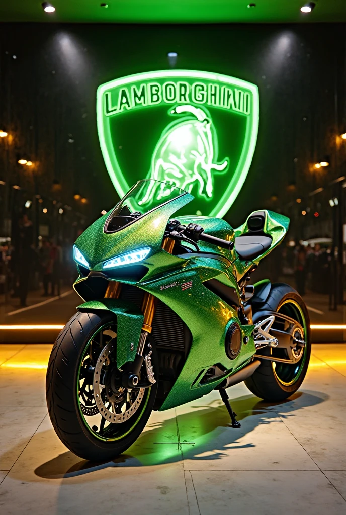 Highest image quality, outstanding details, ultra-high resolution, (realism: 1.4), the best illustration, favor details, highly condensed 1girl, with a delicate and beautiful face, dressed in a black and green mecha, wearing a mecha helmet, holding a directional controller, riding on a motorcycle, the background is a high-tech lighting scene of the future city