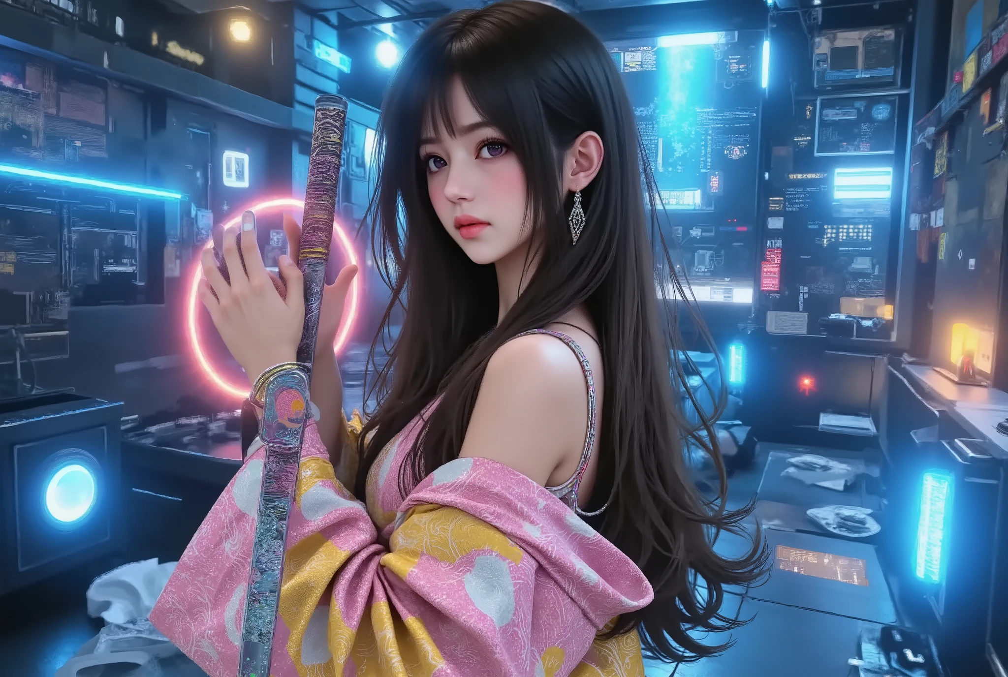 A photorealistic, sidr view, full body photo, high resolution image of a beautiful and elegant cyberpunk Japanese girl ((black hair)) and ((glowing violet eyes) with realistic skin texture and clothing texture; highly realistic image of the girl as she is facing the viewer and wearing a conservative glittering pink yellow and white yukata with intricate patterns while she using a realistic grip on the handle to hold 1 single glittering katana (multi-colored lights gleam on its blade and an elaborate ito hilt wrap covers the hilt); dynmic pose, samurai pose, the background is aglow with intricate blue and red geometries showing curvilinear functions and tessellation of fractal patterns beneath a gleaming field of a computerized artificial obsidian nightscape illuminated by beautiful mathematical functions in a virtual computerized environment.