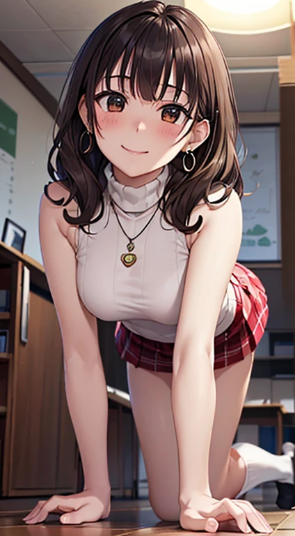 ((Tabletop, Highest quality, High resolution, Hmph, Pixel Perfect, 4K, Hmph, Hmph))), One Girl, single, alone, beauty、The whole body is visible、 ((Mid-wave hair, bangs, Brown Hair)), ((Brown eyes, Beautiful eyelashes, Realistic eyes)), ((Detailed face, Blushing:1.2)), ((Smooth texture:0.75, Realistic texture:0.65, Realistic:1.1, Anime CG Style)), Medium Chest, Dynamic Angle, Perfect body, ((Red bow tie, , , White shirt, Black plaid skirt)), classroom、Looking up from below、Very embarrassing panic smile, 、、(The wind flipped up her skirt, Exposing your buttocks....................、Flip up your skirt with both hands、Her white and pink floral lace panties are completely visible)、
