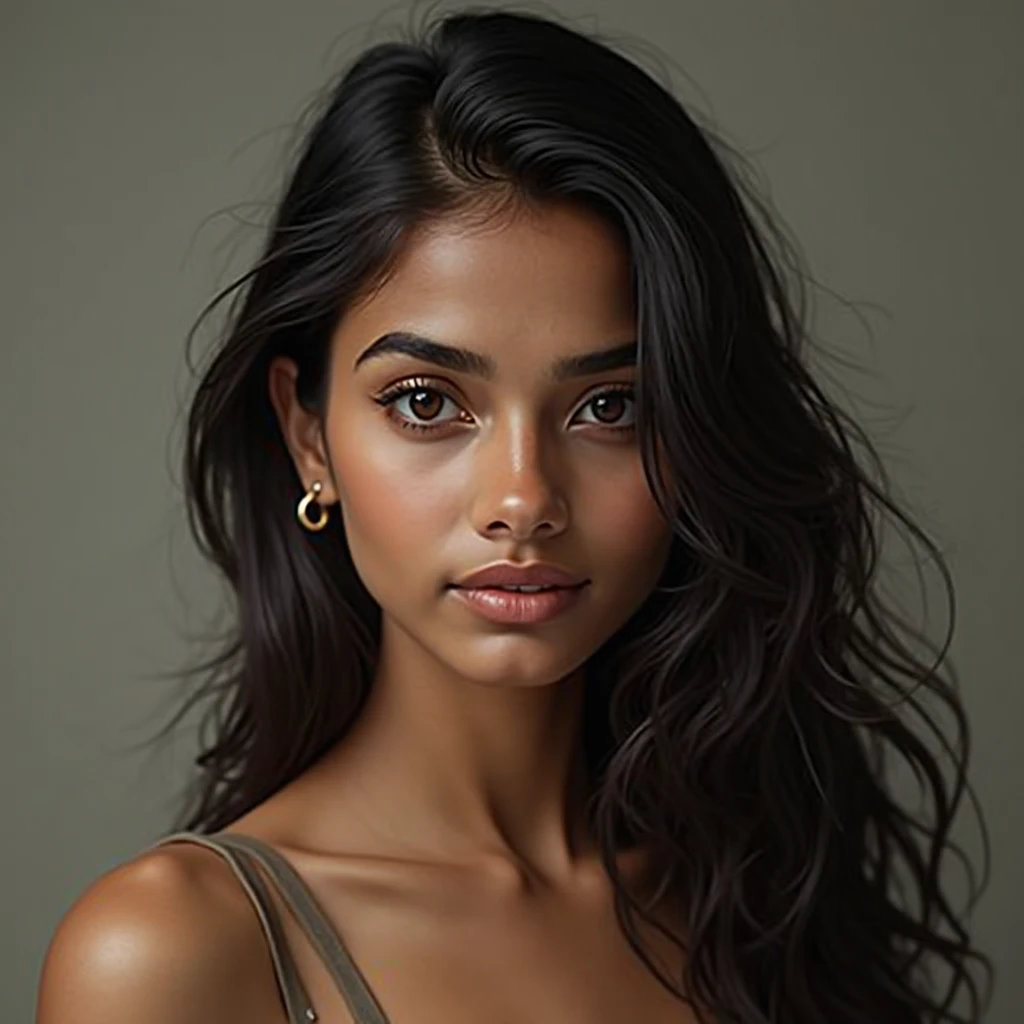 light blue hair ornament, blue suspenders, blue clothes, light blue eyes, bare feet, double braids  beautiful 26-year-old Indian woman with a fair complexion and a warm undertone, almond-shaped dark brown eyes, long lashes, a straight nose, full lips with a natural rosy tint, and long, jet-black hair styled in soft waves. The face should remain identical across all images.