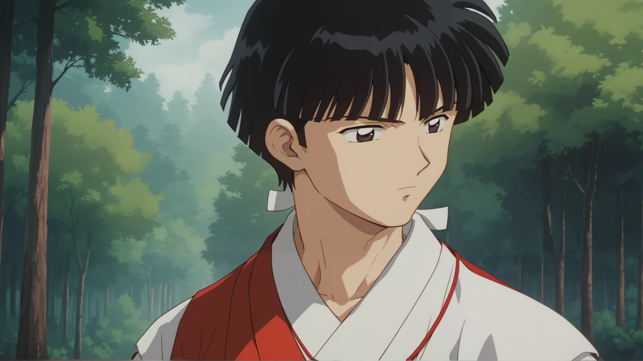 score_9, score_8_up, score_7_up, source_anime, solo, Handsome
Male version, Kikyou, ((short hair)), black hair, retro artstyle, black eyes,,
skirt, long sleeves, japanese clothes, hakama, hakama skirt, miko, red hakama, upper body,
outdoors, forest, nature,