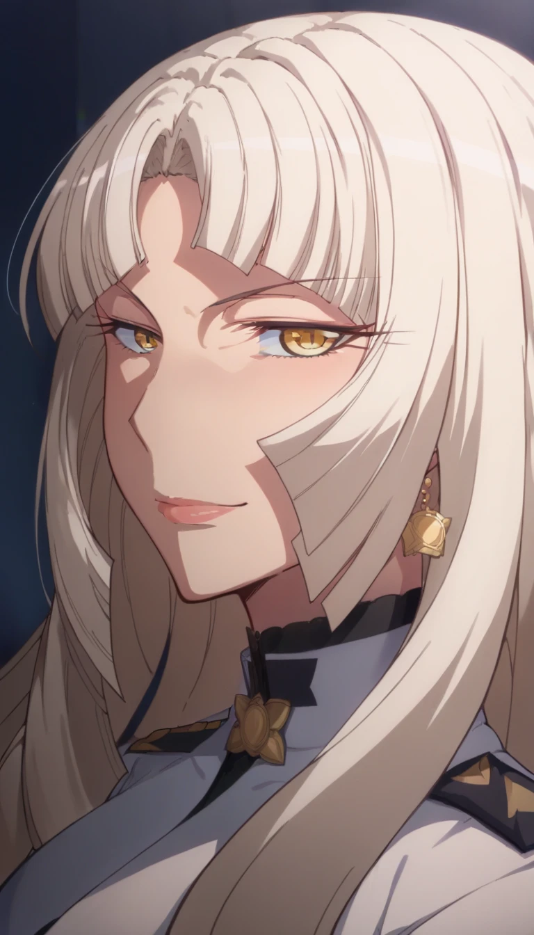 masterpiece, highres, screen shot, best quality, 1girl, (scar on left eye), white cropped jacket, highly detailed, rule of thirds, jewelry, long hair, bangs, hair between eyes