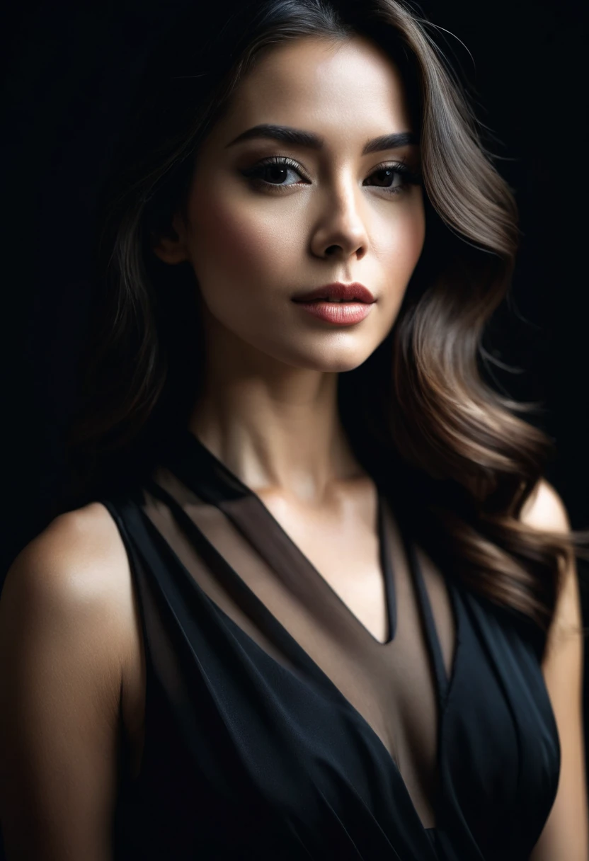 dark shot, film grain, A close up of a woman in a beautiful black dress and a black background, ultra clear, high quality