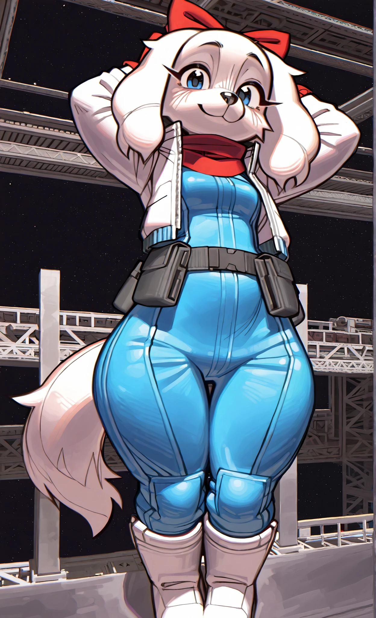 ((Fay Spaniel)), ((Starfox)), ((pixelsketcher)), ((wamudraws)), ((masterpiece)), ((high resolution)), ((solo portrait)) {(attractive figure), (wide hips), (beautiful legs), (white fur), (black dnose), (floppy dog ears), (cute blue eyes), (long eyelashes), (cute smile)}, {(cyan jumpsuit), (white jacket), (white boots), (red gloves), (red scarf), (utility belt), (giant red bow)}, {(standing), (hands behind head), (looking at viewer)}, ((hangar)), ((space))