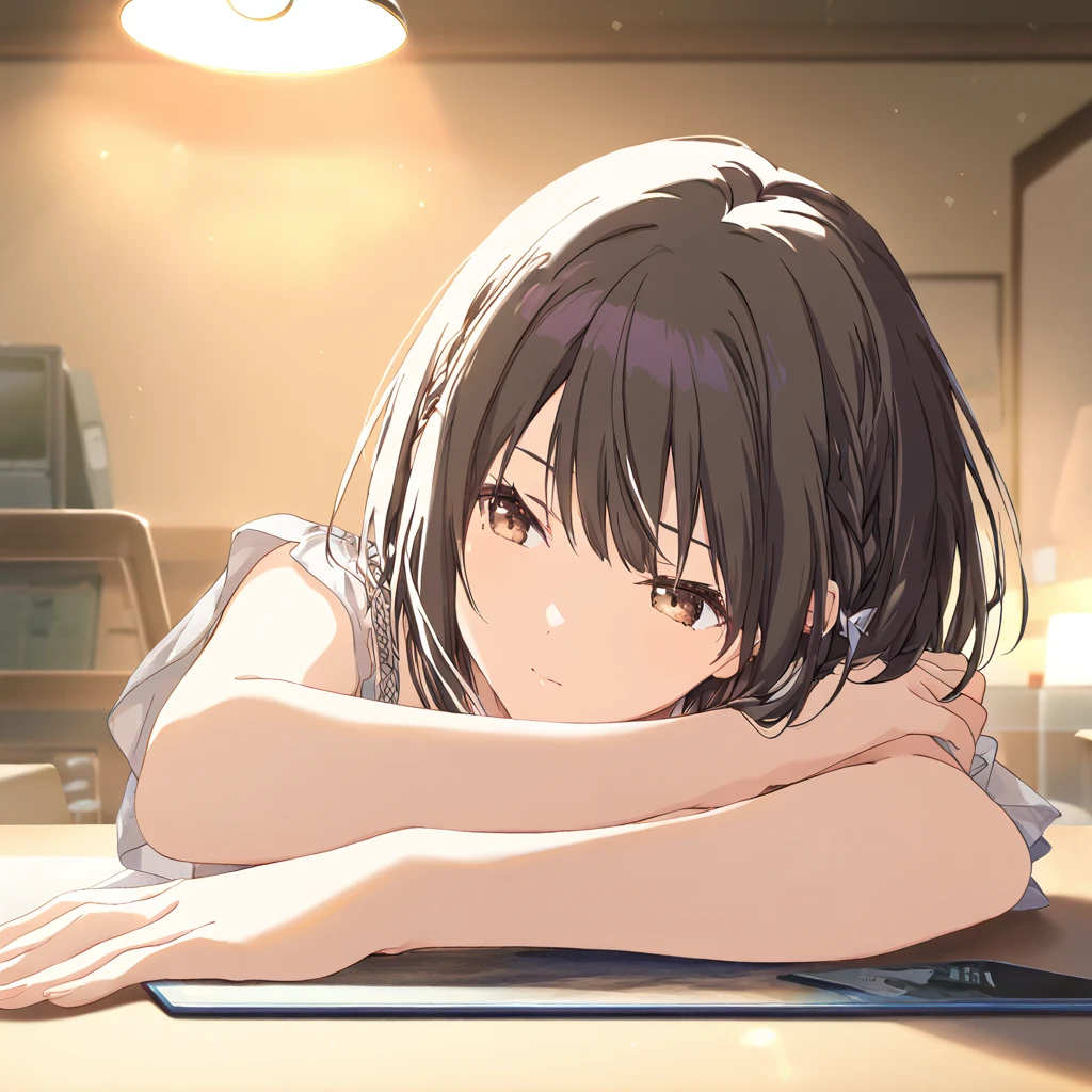 (masterpiece:1.3)、(Highest quality:1.3)、 (Perfect hands:1.2)、(Perfect Anatomy:1.2)、Highly detailed CG、night、Living room at home、Cute black-haired girl in casual clothes、The girl is standing and facing forward、There is no one but the girl、Hands down