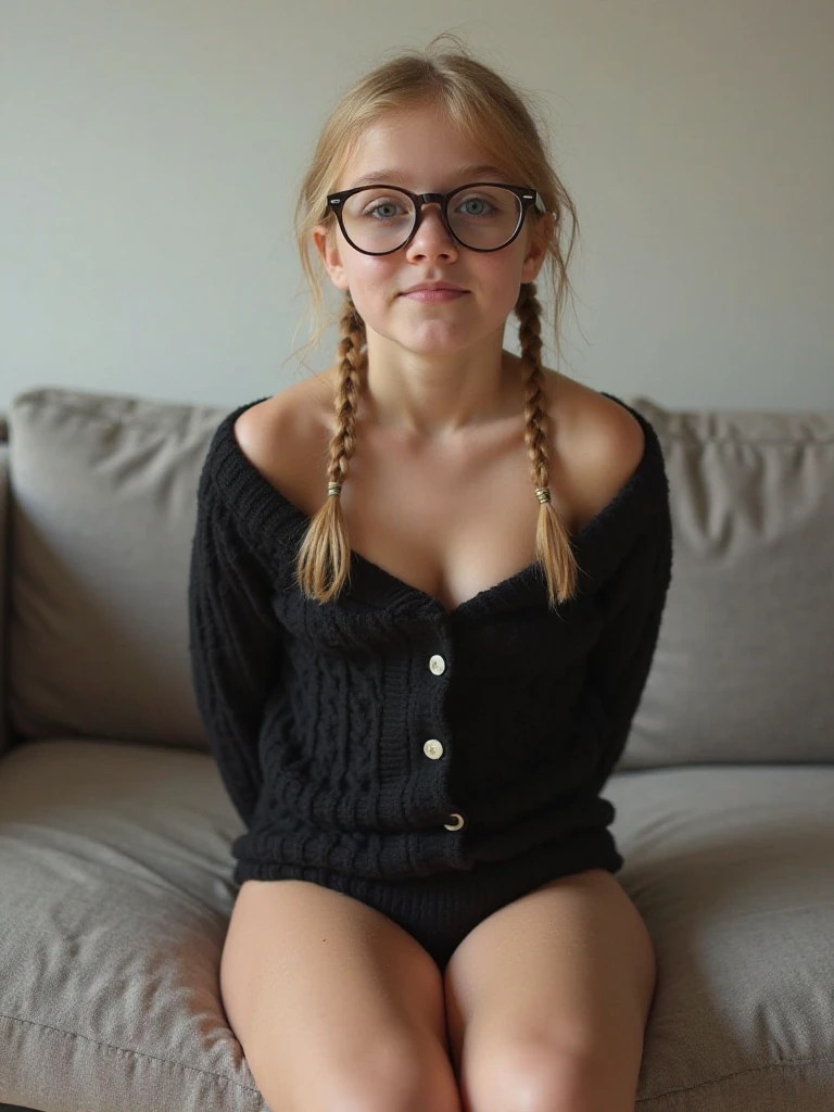 a 18 year old girl masturbating with curly dirty blonde hair tied into a bun, wearing glasses, legs spread open