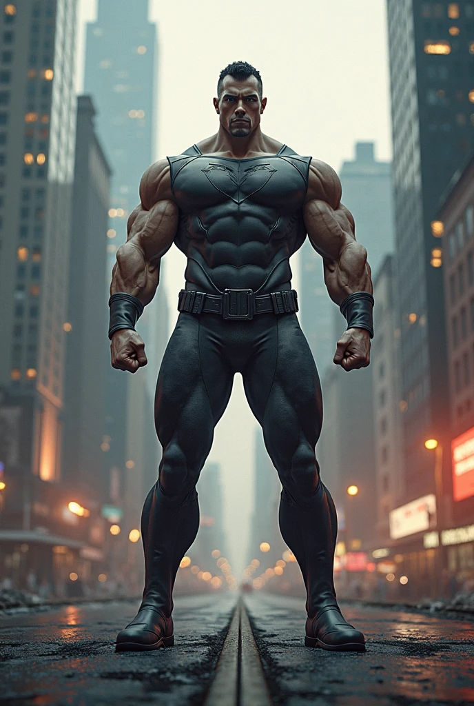 In the heart of a sprawling, industrial cityscape, the iconic figure of Wolverine emerges. His massive form, towering over the urban jungle (1.3), radiates an aura of raw power and strength. The once-mutant's menacing presence commands attention, as he raises one colossal arm and flexes his bulging biceps (1.5), the veins distending under his metallic, blue-black skin. With each stomp of his enormous feet, the ground trembles, sending shockwaves through the concrete underfoot (1.2). Wolverine's piercing yellow eyes glow with an intense, animalistic rage, illuminating the