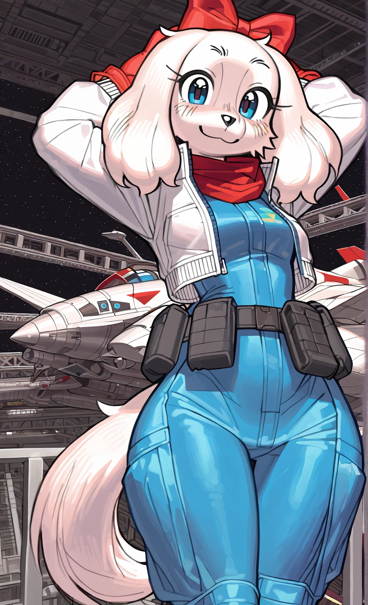 ((Fay Spaniel)), ((Starfox)), ((pixelsketcher style)), ((wamudraws style)), ((masterpiece)), ((high resolution)), ((solo portrait)) {(attractive figure), (wide hips), (beautiful legs), (white fur), (black nose), (floppy dog ears), (cute blue eyes), (long eyelashes), (cute smile)}, {(cyan jumpsuit), (white jacket), (red gloves), (red scarf), (utility belt), (giant red bow)}, {(standing), (hands behind head), (looking at viewer)}, ((hangar)), ((space))