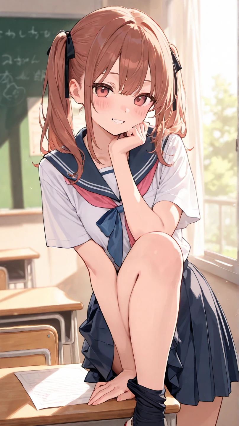Highest quality,Highest Resolution,A young girl in a short sailor suit,school gym buruma,looking at the camera,Red tie,classroom,