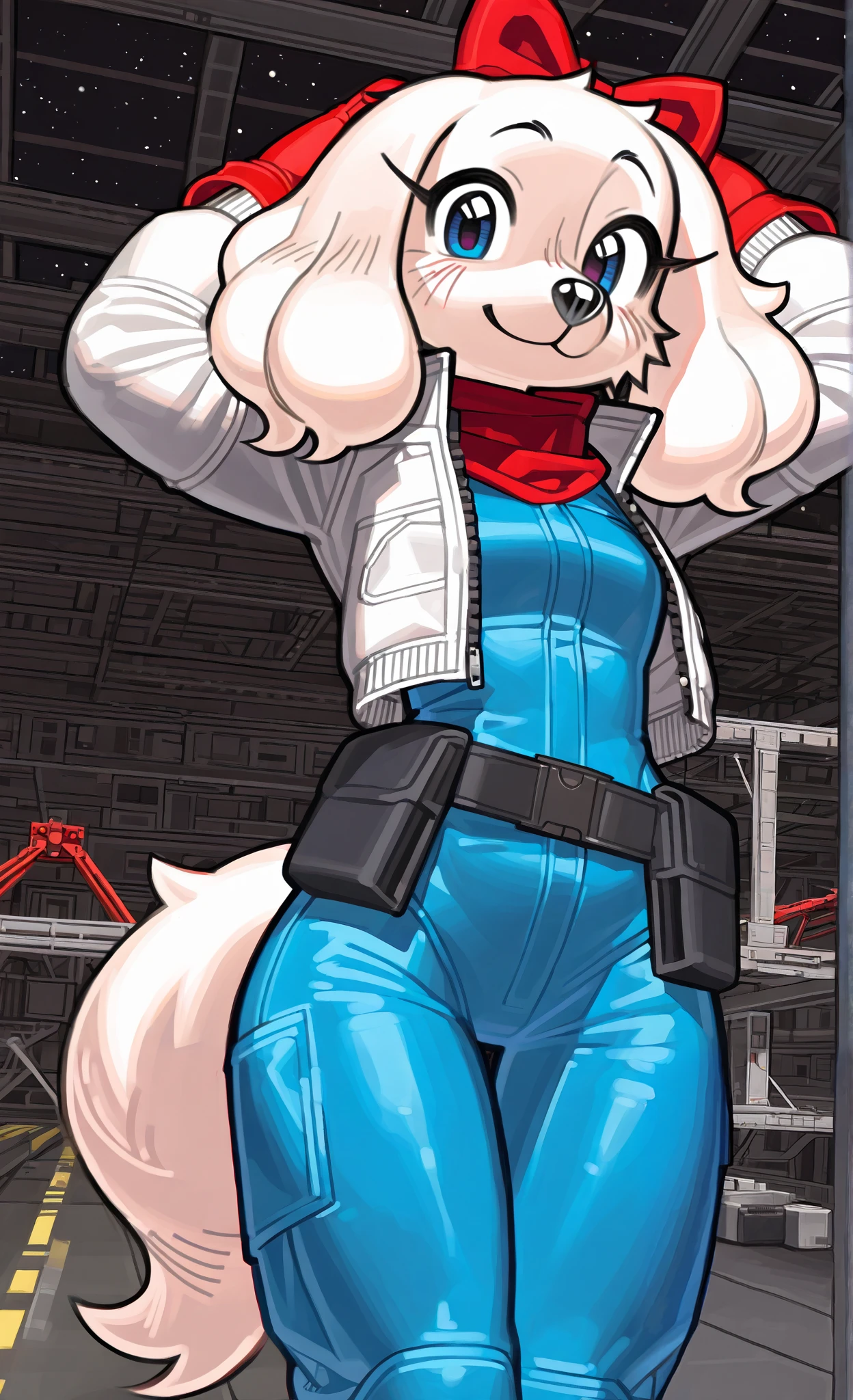 ((Fay Spaniel)), ((Starfox)), ((pixelsketcher style)), ((wamudraws style)), ((masterpiece)), ((high resolution)), ((solo portrait)) {(attractive figure), (wide hips), (beautiful legs), (white fur), (black nose), (floppy dog ears), (cute blue eyes), (long eyelashes), (cute smile)}, {(cyan jumpsuit), (white jacket), (red gloves), (red scarf), (utility belt), (giant red bow)}, {(standing), (hands behind head), (looking at viewer)}, ((hangar)), ((space))