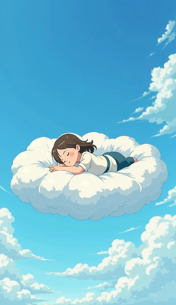 A young brunette anime character with wavy hair lying down smoking on a cloud