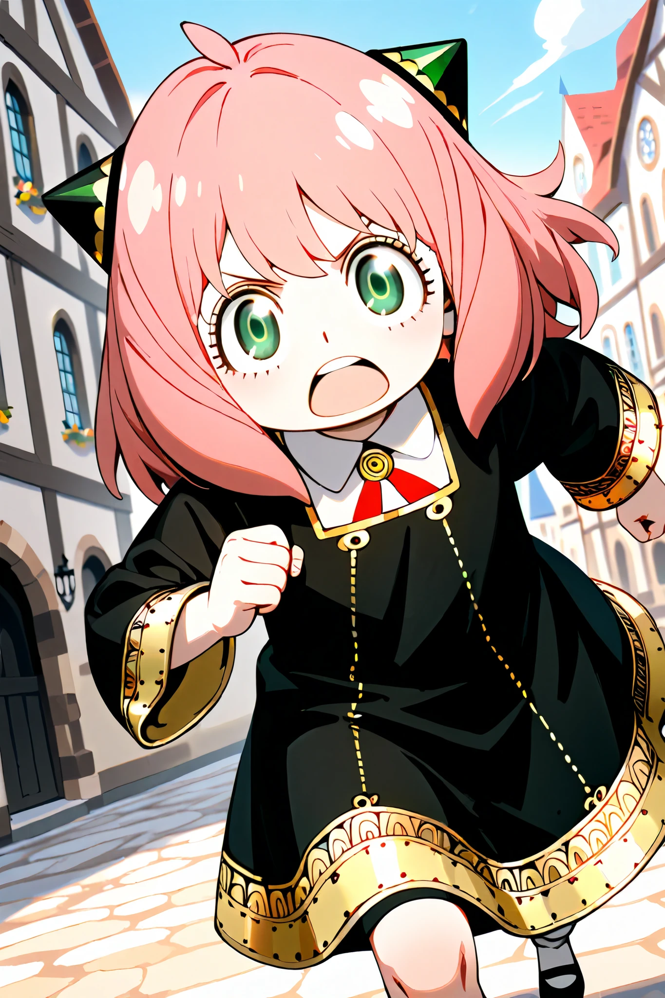(beautiful and delicate illustration), SPY×FAMILY, Anya Forger, solo, (pink hair, beautiful emerald green eyes), serious face, open mouth, Running through a medieval European town, black dress, (ultra quality, beautiful detailed, beautiful delicate),
