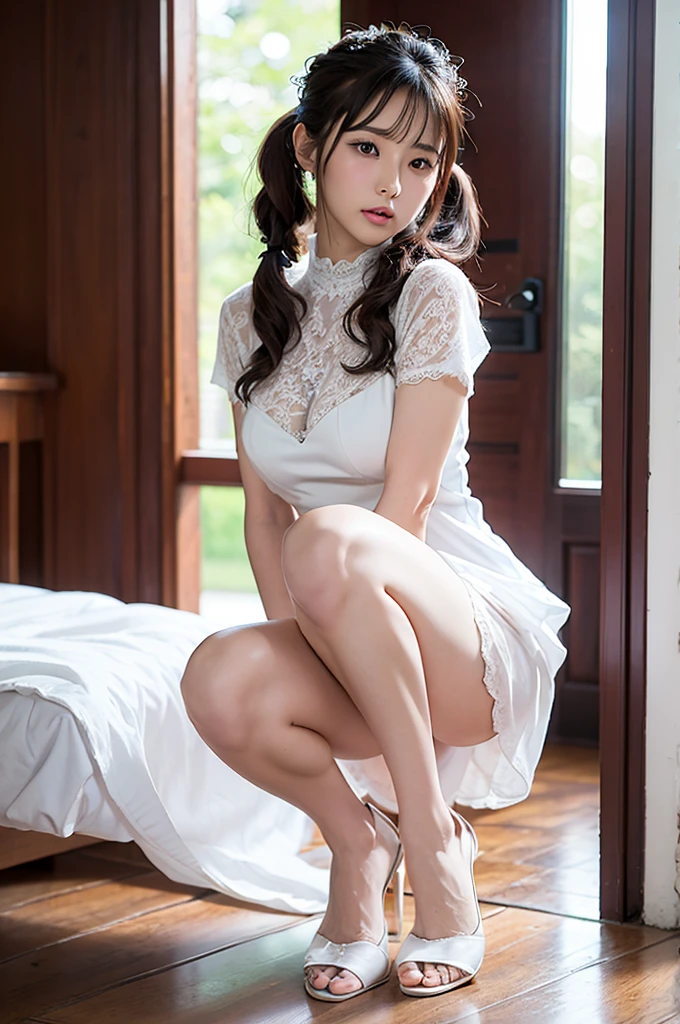solo, finest image, sexy beautiful woman, amorous expression, lewd expression, light brown glossy iridescent hair, large breasts, slender proportion, squat with your legs wide open, pure white lace long dress, background clear skies, in the room, professional lighting