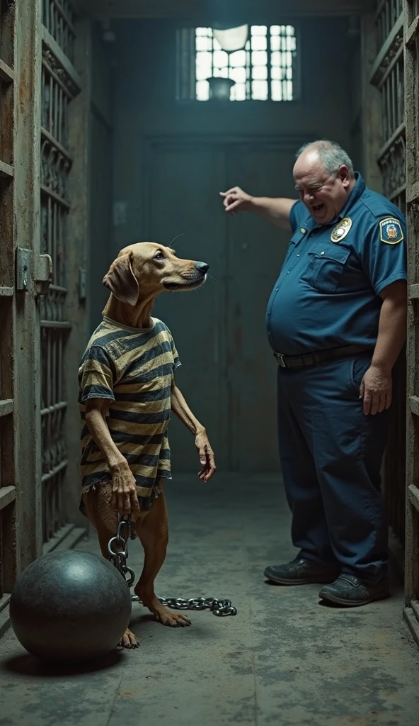 Strong humanoid dog in prison uniform receiving a visit from his family dog in jail talking to them through a phone separated by a glass wall