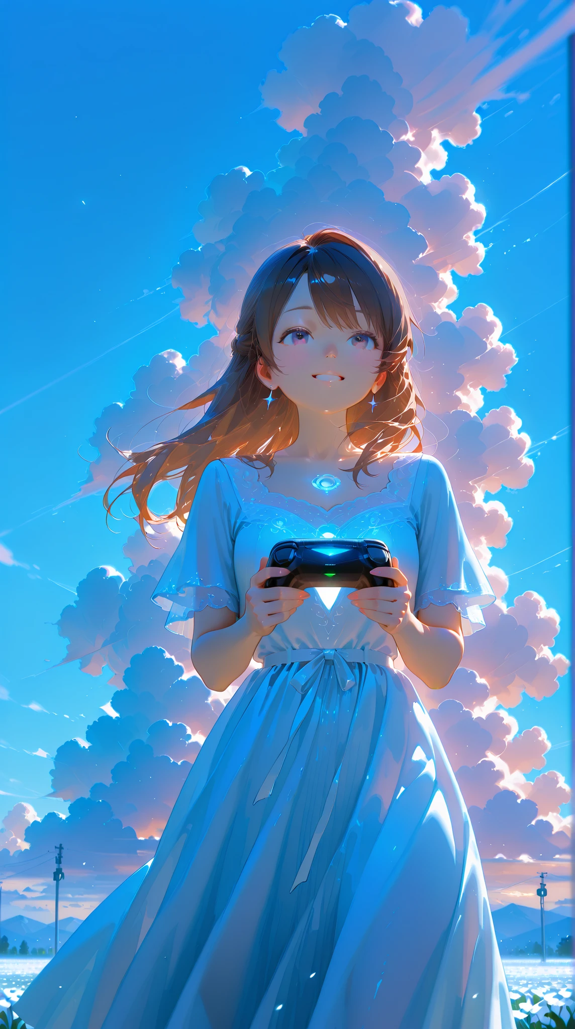 Anime girl in a blue dress holding a cell phone - SeaArt AI