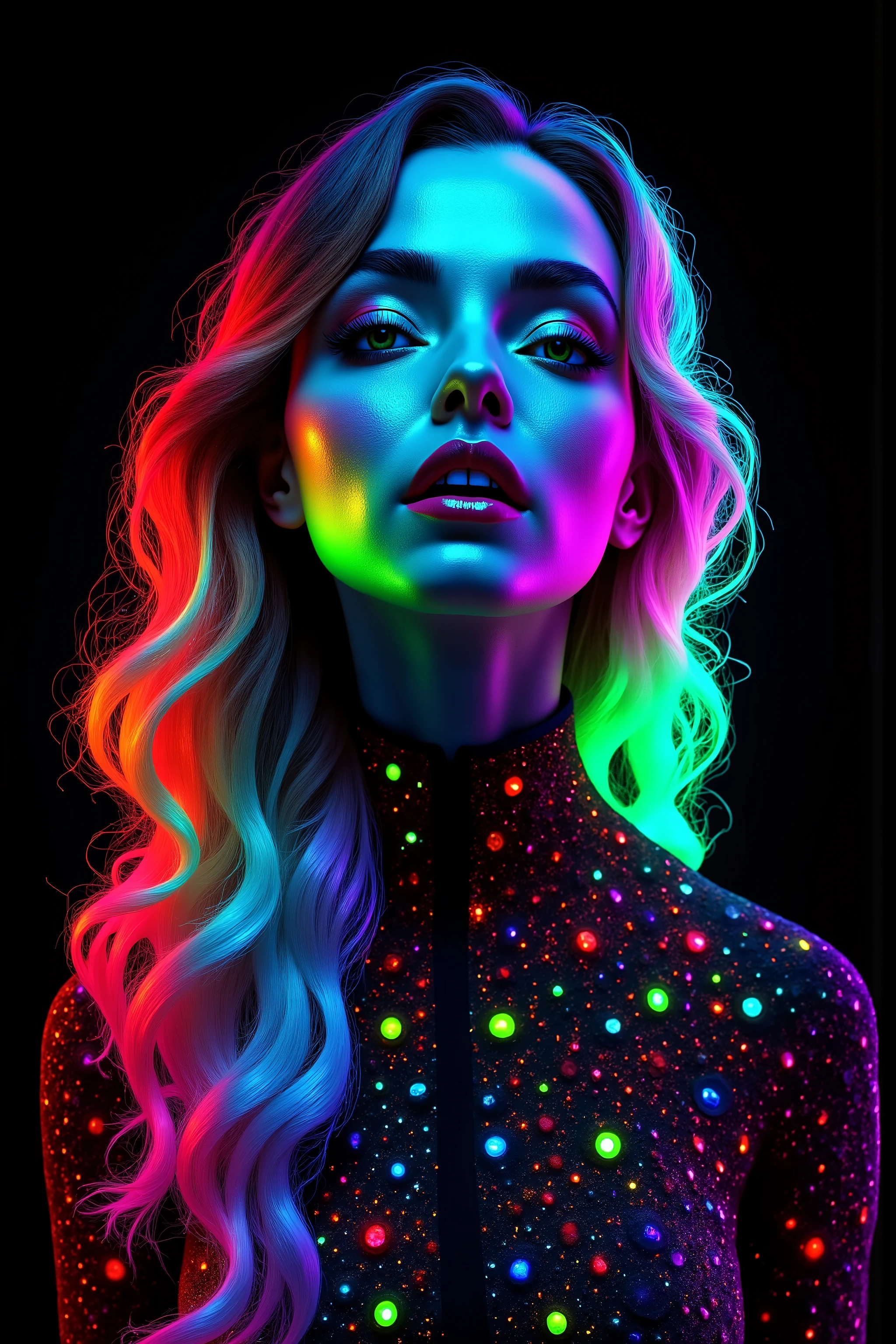 Exaggerate the swirl lines around the woman in this image, while infusing a lot of vibrant neon, luminescent colors in the swirls as well. Make the woman look more realistic and more attractive. Surrealism, asthetically incredible, light display, super saturated colors in neon and florescent light up around the woman. Photorealistic, ultra realistic, cinematography, ultra detailed. Very Long Hair, Motion Lines, Sparkle, Emphasis Lines, Speed Lines, Scanlines, Optical Illusion, Cinematic Lighting, Ray Tracing, Glowing Light, Reflection Light, God Rays, Icon Style, Realism, Tumbledown, Portrait Photography, Super Detailed, Best Quality, Masterpiece, From Below, Parted Lips, neon, lit up colored swirls, against a flat coal black background. Super saturated colors!