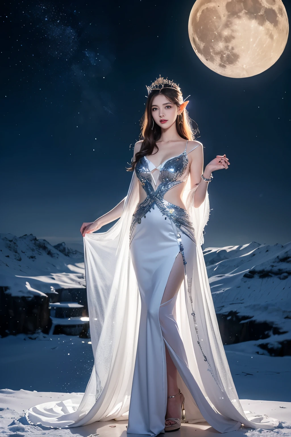 (((best quality))),(((ultra detailed))),(((masterpiece))),illustration,((A beautiful female astrologer,solo)),((slim,thin)),((small breasts,flat chest)),((shoulder length straight hair)),(laughing:1.2),(earrings,necklace),(sparkled sheer shirt-dress:1.3),(slender legs),standing beneath a magical summer night, stars twinkling in the velvety darkness,starry sky, sapphire eyes filled with wonder, flowing ethereal gown mimicking the stars, silver pendant shaped like a horoscope,serene smile and captivating gaze, celestial beauty and mystery, solace and inspiration in the vast expanse of the universe,((from front,full body))