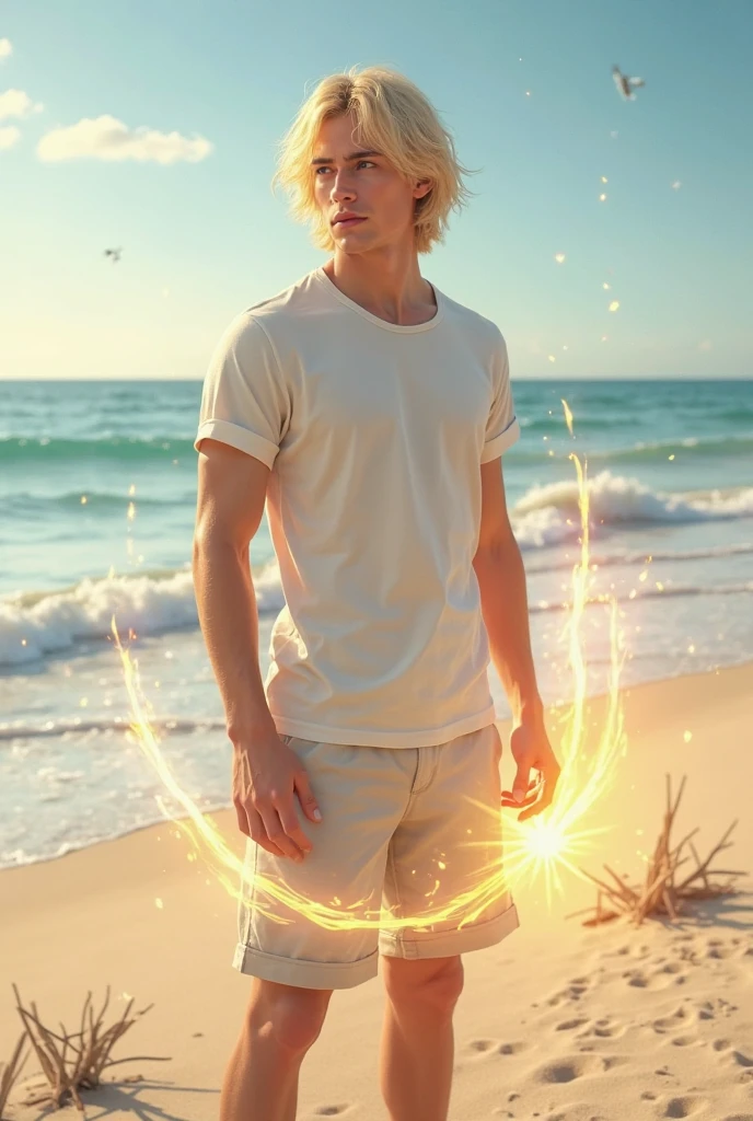 **Description:** The scene captures a moment of awe and wonder, featuring a blonde male model with striking blue eyes that enhance his undeniable charm. His athletic and toned physique is prominently displayed as he is shirtless, showcasing his sun-kissed skin while wearing bright red Bermuda shorts, adding a vibrant contrast to the otherworldly surroundings. **Situation:** In this mesmerizing and illuminated scene, the model stands confidently inside a breathtaking crystal cave with a captivating greenish glow. The cavern's interior is adorned with stunning, luminous crystals that reflect and refract light, creating a kaleidoscope of colors, with an intriguing greenish hue adding depth and mystique to the space. The model’s defined muscles and bold Bermuda shorts stand out against the sparkling backdrop of shimmering crystal formations and the verdant glow. His stance is relaxed yet curious, with one hand resting lightly on a crystal formation and the other casually by his side. His gaze is directed towards the dazzling array of crystals and the verdant illumination, his expression a blend of awe and tranquility as he takes in the surreal beauty of the cave. The gentle, diffused light from the crystals and the greenish glow creates a warm, captivating atmosphere, highlighting the model’s features and the intricate details of the cave. The natural yet extraordinary setting, combined with the model’s striking appearance, creates a harmonious and enchanting atmosphere, capturing the essence of a mystical and adventurous escape. **Keywords:** summer, crystal cave, greenish glow, shirtless, Bermuda shorts, model, nature, luminous, ethereal, scenic, indoors, adventure, natural beauty, stylish, toned, captivating.