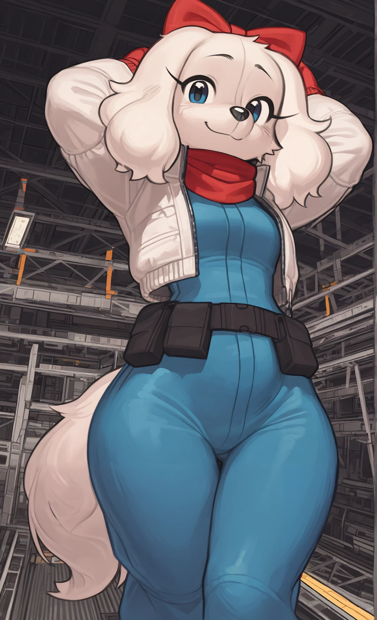 ((Fay Spaniel)), ((Starfox)), ((pixelsketcher style)), ((wamudraws style)), ((masterpiece)), ((high resolution)), ((solo portrait)) {(attractive figure), (wide hips), (beautiful legs), (white fur), (black nose), (floppy dog ears), (cute blue eyes), (long eyelashes), (cute smile)}, {(cyan jumpsuit), (white jacket), (red gloves), (red scarf), (utility belt), (giant red bow)}, {(standing), (hands behind head), (looking at viewer)}, ((hangar)), ((space))