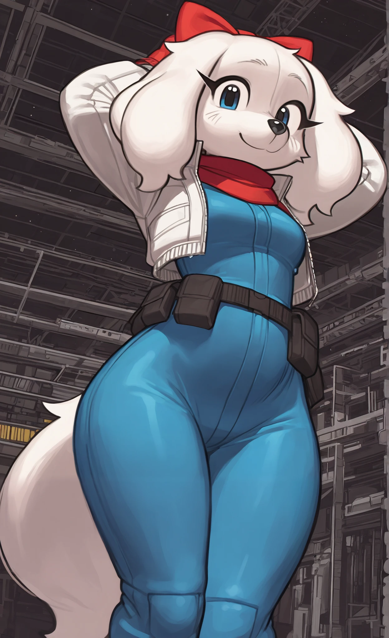 ((Fay Spaniel)), ((Starfox)), ((pixelsketcher style)), ((wamudraws style)), ((masterpiece)), ((high resolution)), ((solo portrait)) {(attractive figure), (wide hips), (beautiful legs), (white fur), (black nose), (floppy dog ears), (cute blue eyes), (long eyelashes), (cute smile)}, {(cyan jumpsuit), (white jacket), (red gloves), (red scarf), (utility belt), (giant red bow)}, {(standing), (hands behind head), (looking at viewer)}, ((hangar)), ((space))