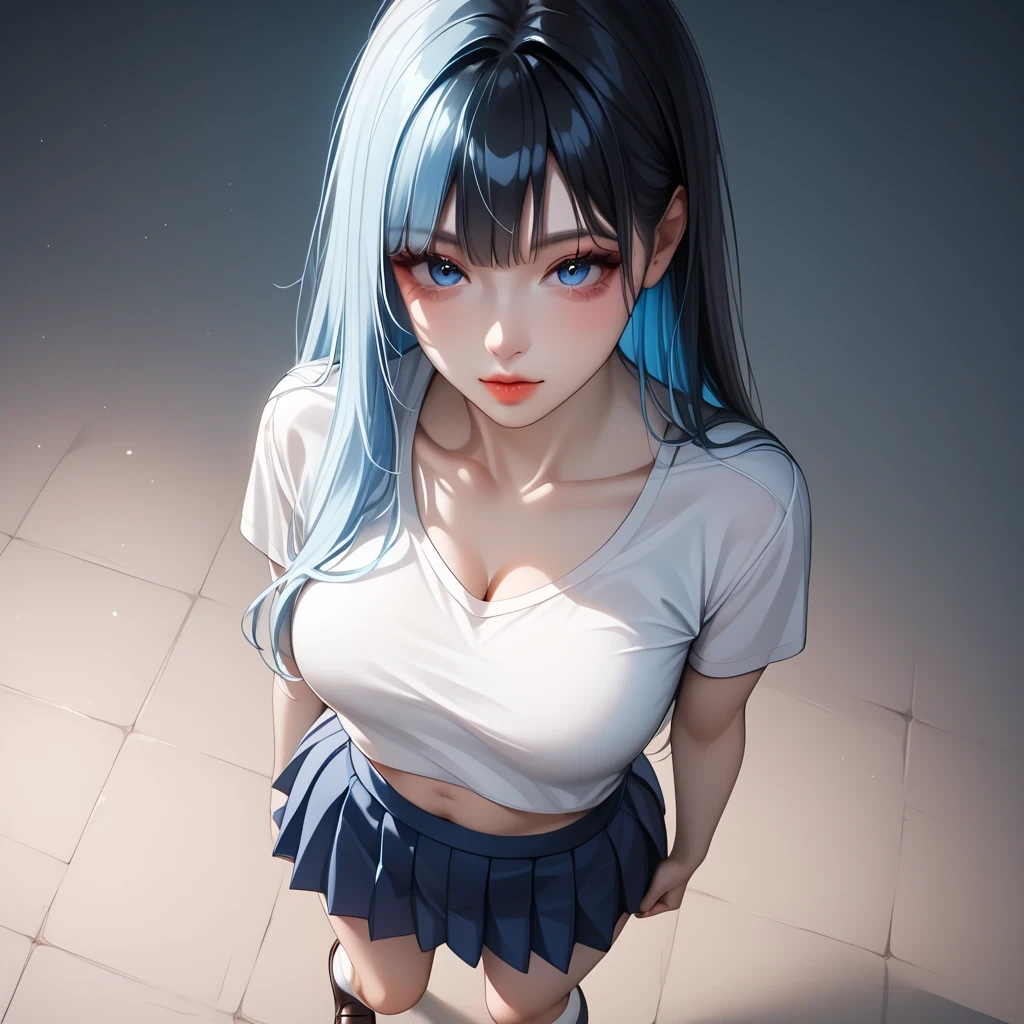 ((black hair))、(Light blue inner hair ), top quality 、 Masterpiece、( professional lighting )、 surreal、 (Nipples:0.4), enchanting、 Slim waist、 1 girl with Korean makeup, (full body, (Head-to-toe shot:1.4), full body shot, from front, from above,), ( slightly larger breasts, midriff peek ), ( oily skin ), ( bright, beautiful blue eyes , (( Princess cut, long hair , layer cut )), ( black mini tight skirt , U-neck t-shirt, cleavage visible ,(( punk style fashion))) , ( bright光の中で目を細める美しい顔 ), knee-high socks, loafers